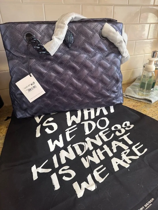 Kurt Geiger Metallic Deep Navy Quilted Tote with Chain-Trim Straps - Picture 15 of 15